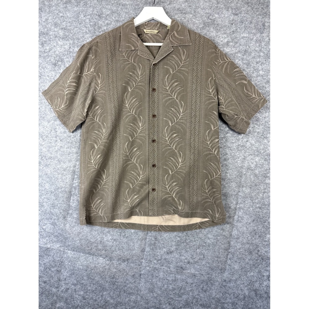 Tommy Bahama Mens Small 100% Silk Camp Shirt Olive Brown Leaf Jacquard Tropical